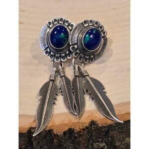 Vintage Sterling Navajo Azurmalachite Cabochon Feather Drop Earrings Stamped STC